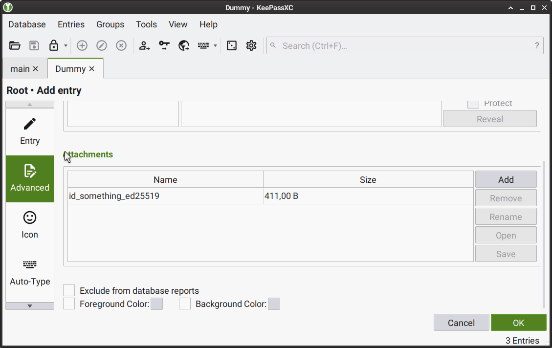 KeePassXC tab: Adding a private key attachment